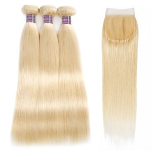 Ishow Brazilian Straight Extensions Lace Closure 613 Blonde Color 3pcs Human Hair Bundles with Closure for Women Girls 8-28inch
