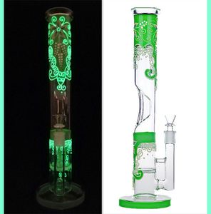 14 Zoll hohe Glasbong, die im Dunkeln leuchtet, leuchtender Becher, Dab Rig, Glas-Wasserpfeifen-Bubbler-Schüssel, handbemalte Blumen-Shisha