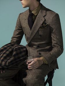 Brown Tweed Mannen Pakken Nieuwste Jas Pant Designs Jacket Tuxedo Custom Style Suits Groom Prom Blazer Stuk Harringbone Wedding Past