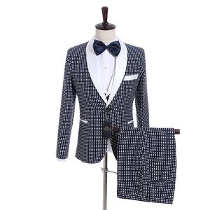 Groomsmen Navy Blue z Dot Groom Tuxedos Szal Biała Lapel Mężczyźni Garnitury Side Vent Wedding / Prom Best Man Blazer (Kurtka + Spodnie + Kamizelka + Krawat) K940