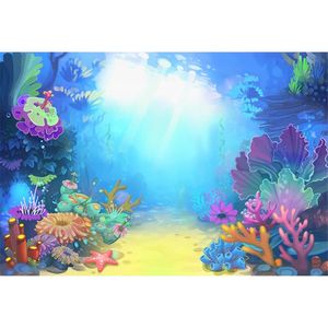 Sfondo per feste di compleanno sotto il mare, fotografia di alghe colorate, stelle marine, sole attraverso l'oceano blu, sfondi per cabine fotografiche per bambini