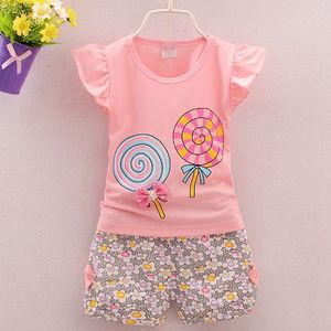 Children Lollipop outfits girls top+Floral shorts 2pcs/set 2018 summer Baby suit Boutique kids Clothing Sets 4 colors C3843