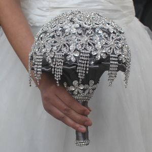 grå kristallbröllop strass brosch brud brud bukett satin blomma 18 cm ny ankomst bröllopsmaterial266d