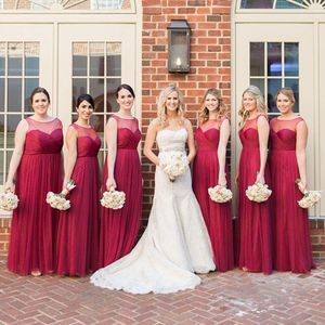 Fall 2018 Country Burgundy Bridesmaid Dresses Illusion Neckline Pleated Bodice A Line Floor Length Tulle Wedding Guest Dress