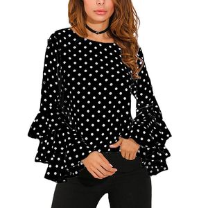 Kadınlar Polka Dot Fırfır Bluzlar Artı Boyutu 3XL 4XL 5XL Tops Uzun Kollu O-Boyun Zarif Bayanlar Casual Ofis Gömlek kadın Tunikler