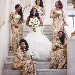 Shinning Sequined Plus Size Bridesmaid Dresses African Wear v Neck Minmaid Bröllop Gästklänningar Långärmad Maid of Honor Dress Cheap