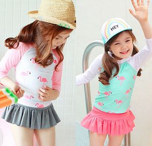 Children Two Pieces Suit Without Cap Girl Long Sleeve Swimsuit Cute Flamingo Skirted Swimwear Bathing Suit