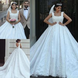 Latest 2019 New White Ivory Arabic Lace Wedding Dresses A Line Square Neck Appliques Beads Sequins With Long Train Bridal Gowns