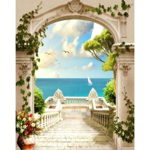 Retro padiglione arco porta fotografia di matrimonio sfondo stampato verde vitigni fiori in vaso scale spiaggia sfondi fotografici panoramici