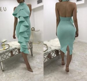 Mint Green Short Sheath Sexy Cocktail Dresses High Jewel Neck Knee Length Tea Length Cascading Ruffles Backless Party Dresses Prom Gowns