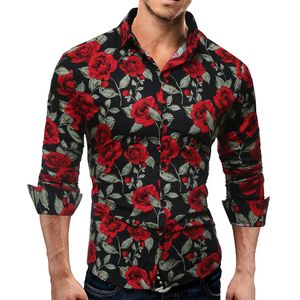 Camisa de manga longa casual nova camisa masculina moda 3d rosa flor pintaram camisa masculina strip-down cllar floral para vestuário mens