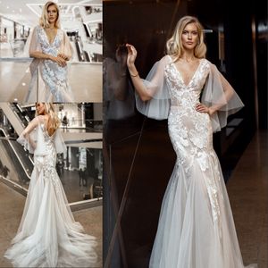 Elegant Backless Mermaid Wedding Dresses V Neck 3D Appliqued Beach Bridal Gowns With Sheer Half Sleeves Plus Size Tulle Vestido De Novia