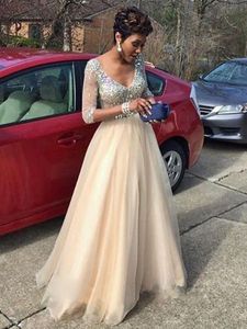 Champagne Cheap Prom Dress Long With Half Sleeves V neck Sparkly Crystal Rhinestones Tulle A line Pleated Long Evening pageant Dresses