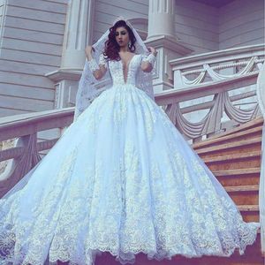 Eleganckie suknie ślubne z długim rękawem Głębokie Koronki Saudi Arabia Aplikacje Plus Size Ball Custom Vestido de Novia Formalna Suknia Ślubna Arabska