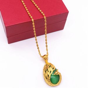 Green Stone With Peacock Desin Solid 18k Yellow Gold Filled Womens Pendant Chain Necklace Beautifl Accessories