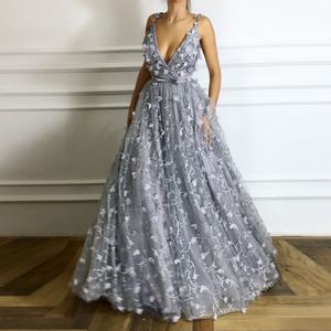 3d kwiatowy aplikacja ręcznie wykonane kwiat długie sukienki Seksowne Głębokie V-Neck Party Dress Piętro Długość Zamek Back Tulle Moda Kobiety Suknia wieczorowa