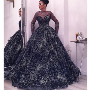 Beautiful Starry Gown Evening Dresses Fashion Bateau Neck Long Sleeve Fluffy Prom Dress Luxury Dubai Saudi Arabia Celebrity Red Carpet Dress