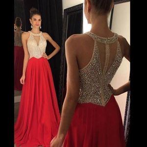 Vestidos de Fiesta 2022 Long Evening Dresses Red Chiffon Beaded Crystal A line Formal Long Sweep Train Prom Dress Halter Abendkleider Custom