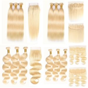 10-24 Inch Cheap #613 Blonde Bundles with 4x4 Free Part Lace Top Closure and 13x4 Lace Frontal Straight Body Wave Human Hair Weaves