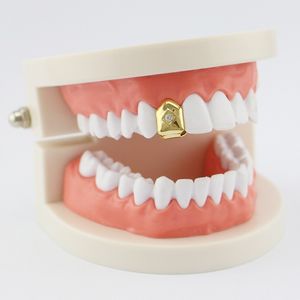 hip hop grillz a dente singolo diamante singolo placcato oro reale rapper griglie dentali musica cool gioielli per il corpo argento dorato oro rosa pistola nera