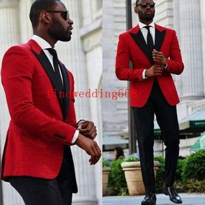 Cool Peak Lapel One Button Groom Red Tuxedos Mężczyźni Garnitury Prom Ślubny Obiad Best Man Blazer Black Brothers Wedding (kurtka + krawat + paski + spodnie)