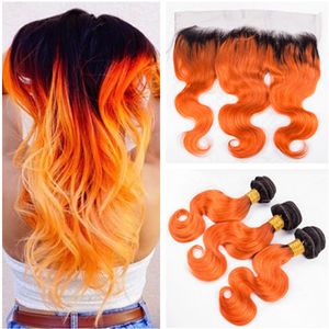 Body Wave #1B/Orange Ombre Virgin Peruvian Human Hair Weave Bundles with 13x4 Lace Frontal Closure Black and Orange Ombre Hair Wefts