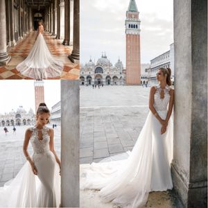 2020 Julie Vino Wedding Dresses with Detachable Train High Neck Beaded Lace Appliqued Backless Beach Bridal Gowns Custom Made