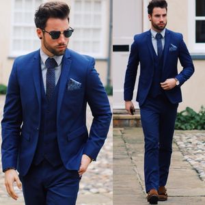 Royal Blue Three Pieces Mens Suits Slim Fit Bröllop Grooms Tuxedos Billiga Notched Lapel Formell Prom Suit (Jacket + Pants + Vest)