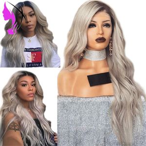 Hotselling natural Wavy Grey brazilian full Lace Front Wig With Baby Hair 30Inch Long Ombre synthetic Wigs For Black Women