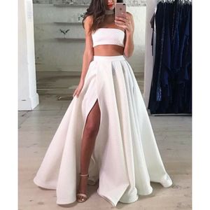 Fashion White Two Pieces Prom Dresses Long Strapless Prom Dress With Slit Special Occasion Dresses Prom Gowns