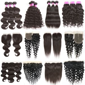 30 Inches Human Remy Hair Bundles With Lace Frontal Closure Straight Body Deep Water Loose Wave Jerry Kinky Curly Brazilian Virgin 3 4 Weave Weft Extension 10A Grade