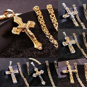 stainless steel Mens Cross necklaces Multi-layer Christian Jesus Crucifix pendant Biker Chain For male s Fashion Hip hop Jewelry