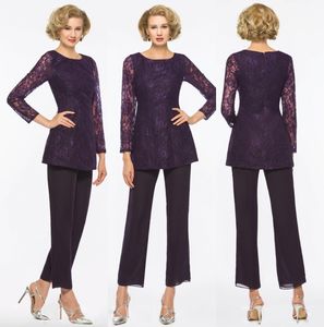 Purple Mother of the Bride Pant Suits For Weddings Två stycken Spets Appliced ​​Long Sleeve Mothers Formal Wear Outfit billig plagg Dh363