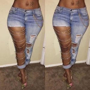 Delik Jeans Moda Kadınlar Seksi Yıkılan Yırtık Sıkıntılı Zincir Kot Pantolon Erkek Arkadaşı Kot S18101604