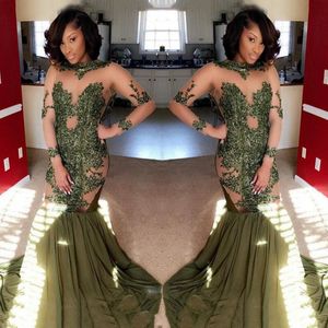 South African See Through Prom Dresses Green Color Mermaid Evening Gowns Illusion High Neck Long Sleeves Sweep Train Formal Party Dress