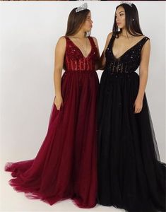 Bordo Siyah V boyun Gelinlik Abiye giyim Uzun Ucuz 2019 Bel İmparatorluğu Tül Sequins Pageant See Through Resmi Elbise Ucuz