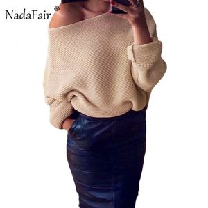 Nadafair 섹시한 어깨 느슨한 니트 스웨터 여성 2018 가을 겨울 슬림 솔리드 캐주얼 스웨터 여성 뜨개질 여성 뜨개질 점퍼 탑 S18100902