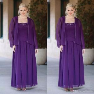 Plus Size roxo Mãe da noiva vestidos Two Pieces Chiffon Jacket Spaghetti Strap Comprimento Pavimento frisada Vestido de Noiva Visitante