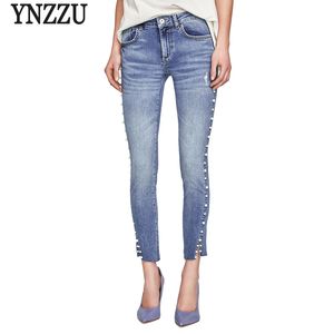 Ynzzu 2018 Outono Pérola Skinny Beading Jeans Mulheres Azul Mid Cintura Zíper Denim Lápis Calças Casuais Calças Para As Mulheres YB212