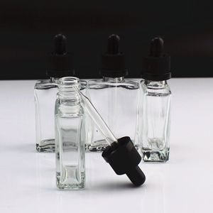 30 ml fyrkantig glas droppflaskor eliquid klar tom barnsäkra manipulationslock för e vätskesaft eterisk olja DHL