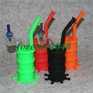 Silicone Water Pipe hookah Recycler Bubbler unbreakabale silicone bongs with 14mm joint male double tube quartz nail and glass carp cap