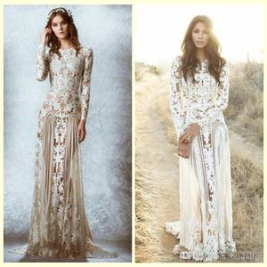 Zuhair Murad Lace Vintage Wedding Dresses Custom Made Long Sleeves Court Train Beach Country Bridal Gowns Crew A-line Stunning Lac338c