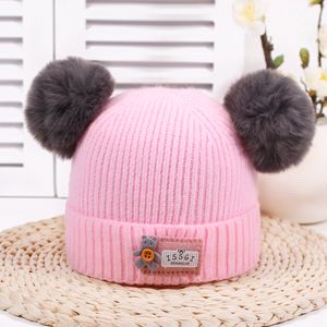 Fashion Cute Baby Winter Warm Beanie Hat Baby Toddler Knitted Double Ball Knitted Cap Children Hats Children Crochet Mouse Cap Free Shipping
