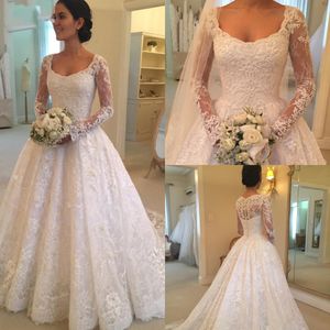 Latest Sale Scoop Neck A-line Long Sleeve Lace Wedding Dresses Button Back Appliques Beaded Bridal Wedding Gowns DH4009