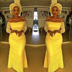 Yellow New Designer African Nigerian Dresses Off Shoulder Lace Applique 3/4 Sleeves Floor Length Formal Evening Party Wear Custom