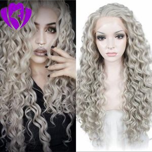 Free part Kinky Curly Afro Hair Wigs grey Color Synthetic Lace Front Wig Long For Black Women Daily Use 180% Heavy Density Heat Resistant