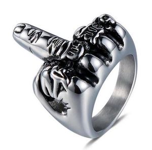 Kostenloses Geschenk! Punk Gothic Rock Persönlichkeit Mode Schmuck Titan aus Edelstahl Klassiker Biker Silber Herren aufrechter Mittelfinger Ring 8-12