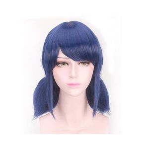Krótka niebieska syntetyczna cosplay peruka z podwójnymi kucykami dla dziewczyn