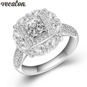 Vecalon Luxury Kvinna 925 Sterling Silver Ring 5A Zircon CZ Engagement Bröllop Band Ringar för Kvinnor Bridal Smycken