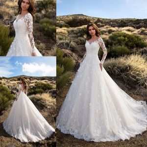 Vintage Long Sleeve Dresses Lace Appliqued Backless Bridal Gowns Sheer Jewel Neck Garden Country Wedding Dress